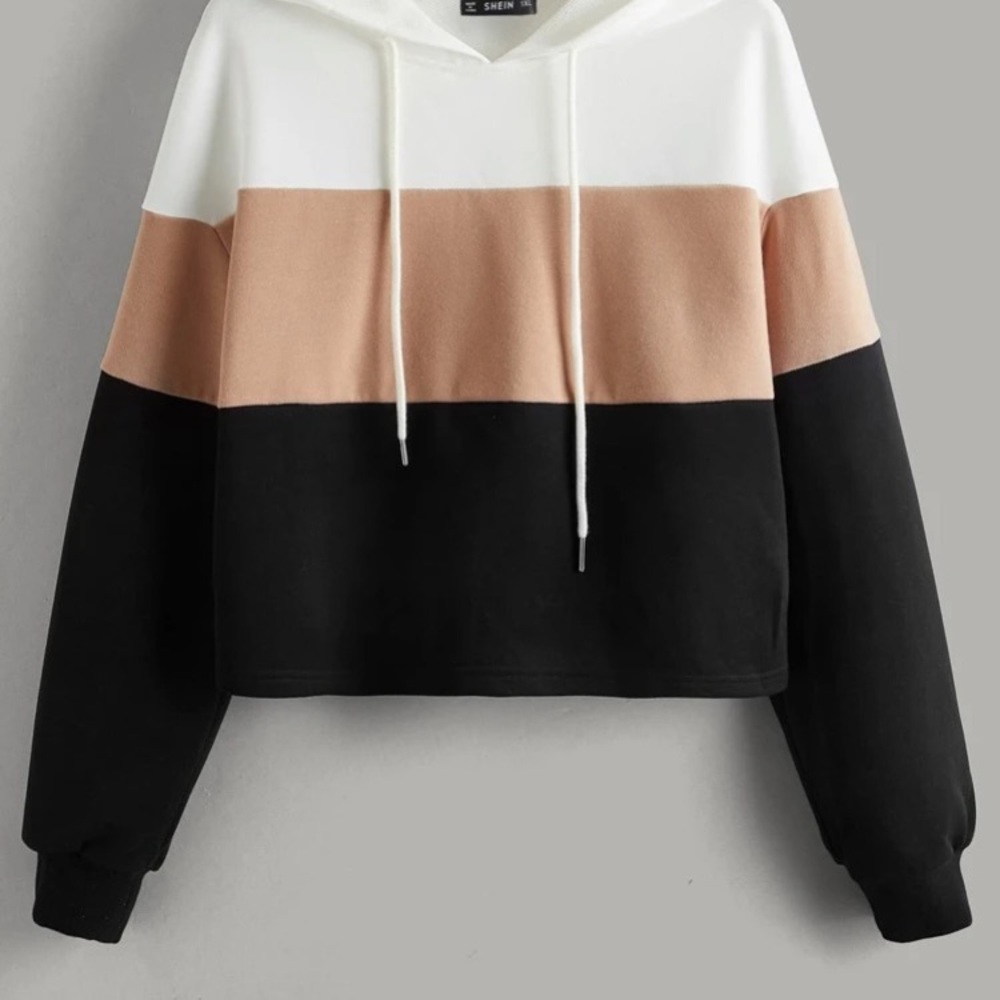 SHEIN Colorblock Crop Hoodie - Black, Beige, White